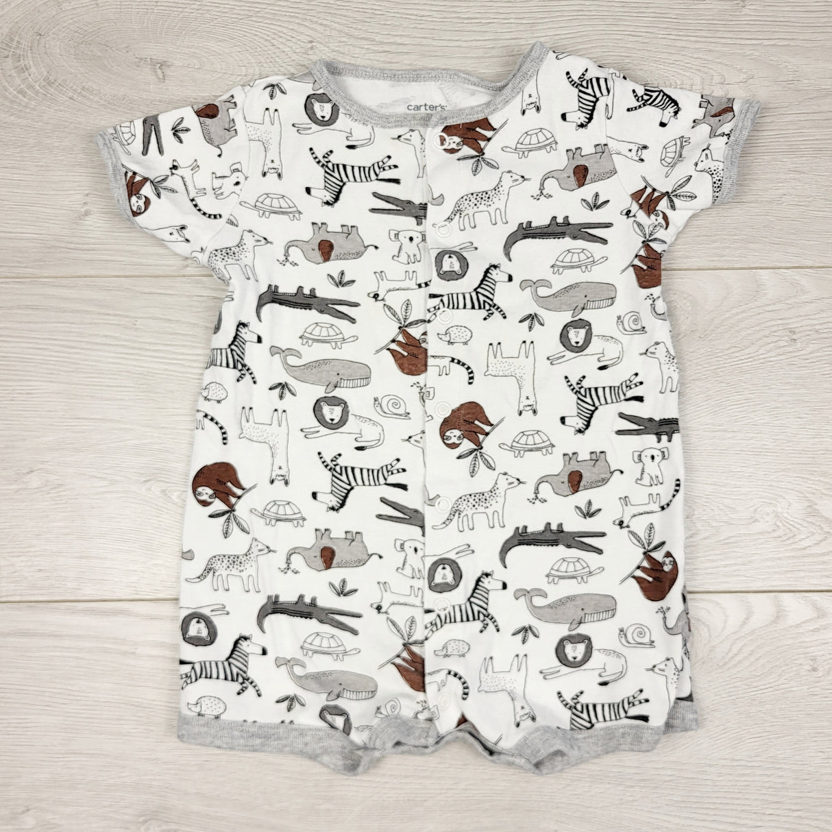 TBOW2 - Carters white and grey cotton romper with jungle animals. Size 18 months