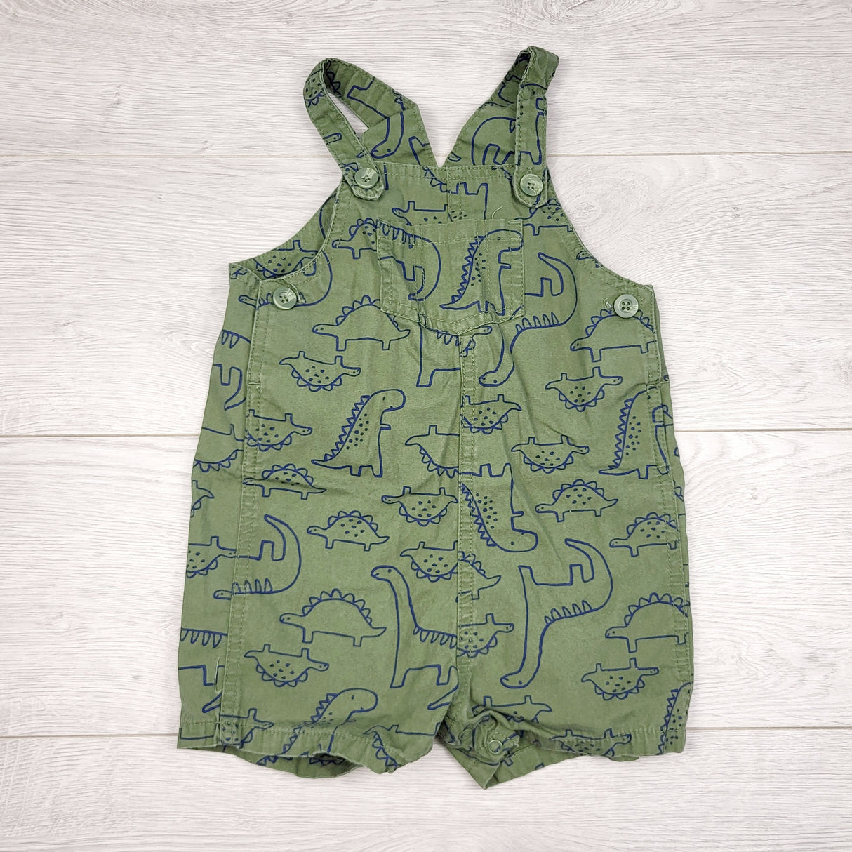 TBOW2 - Carters green twill shortalls with dinosaurs. Size 24 months