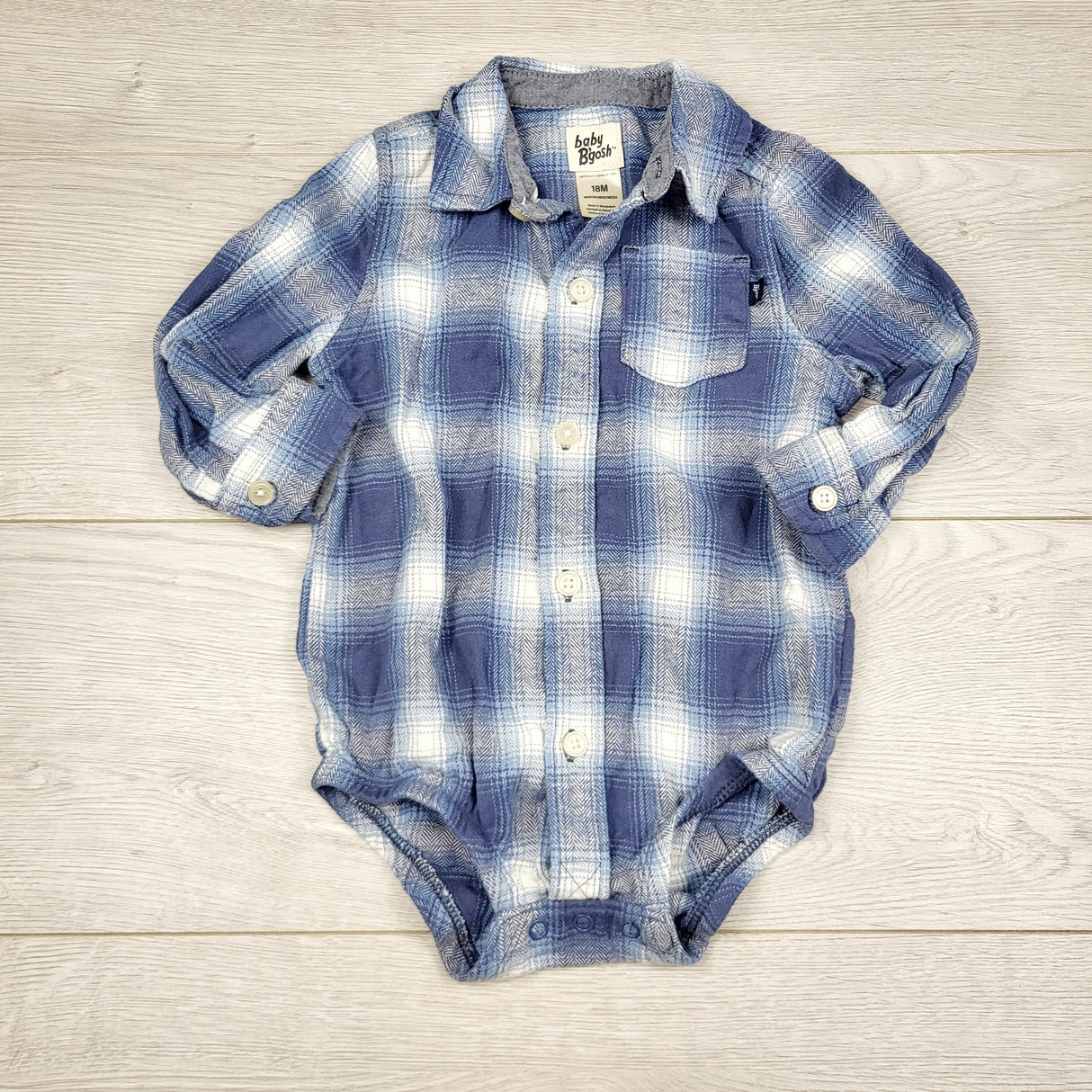 TBOW2 - Baby B'gosh blue plaid flannel button down bodysuit. Size 18 months