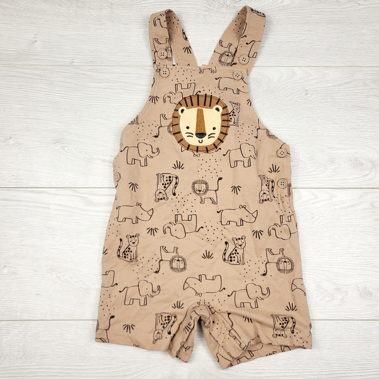 TBOW2 - Pekkle brown cotton shortalls with lion. Size 24 months