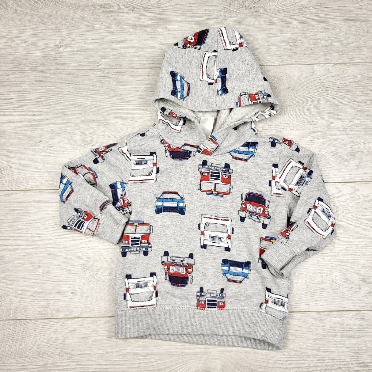 TBOW2 - Carters grey pullover cotton hoodie with fire trucks. Size 18 months