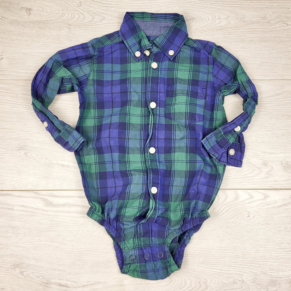 TBOW2 - Carters navy and green plaid button down bodysuit. Size 12 months