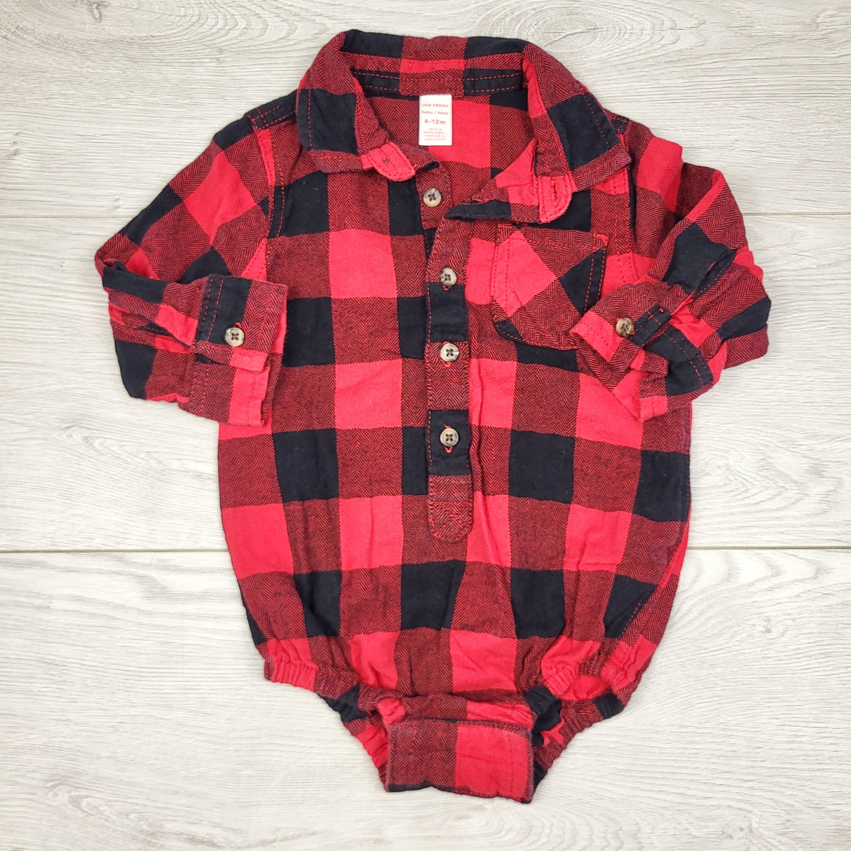 TBOW2 - Joe red plaid button down flannel bodysuit. Size 6-12 months