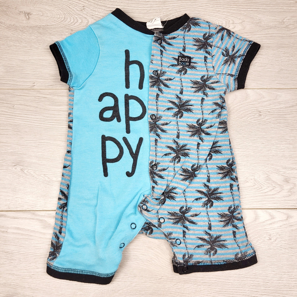 TBOW2 - Badaboom two-tone "Happy' romper. Size 9 months