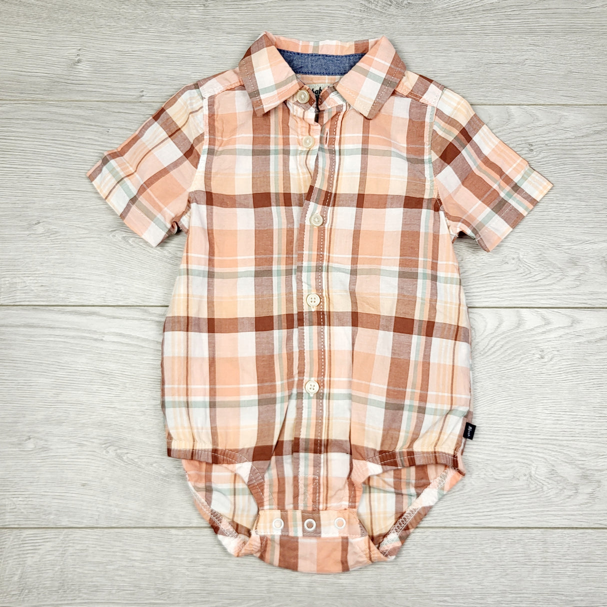 TBOW2 - Baby B'gosh peach plaid button down bodysuit. Size 12 months