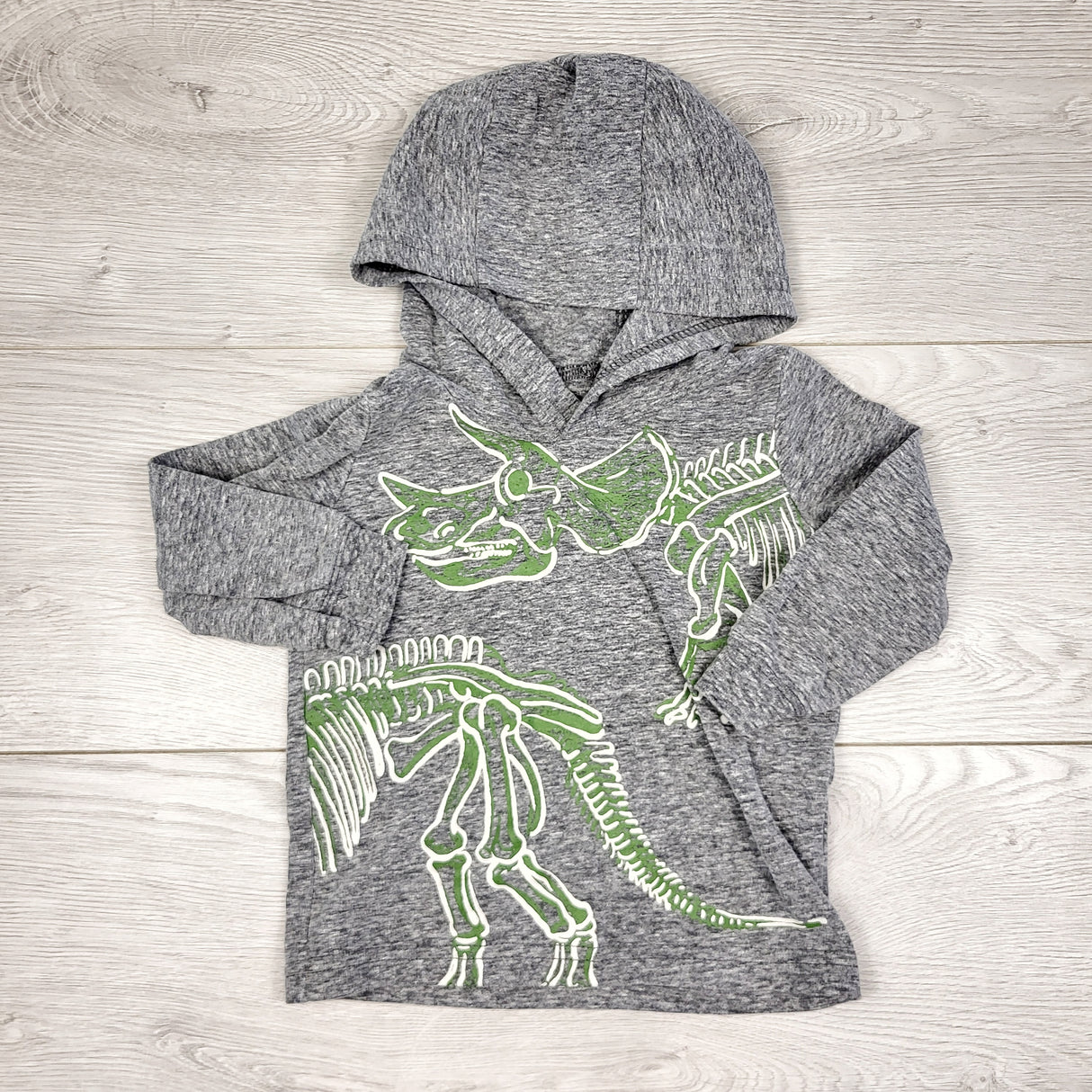 TBOW2 - Carters grey hooded shirt with dinosaurs. Size 12 months