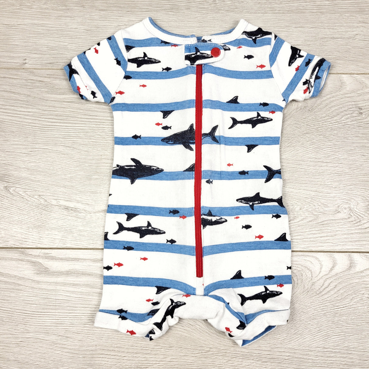 TBOW2 - Joe white and blue striped zippered cotton romper with sharks. Size 0-3 months