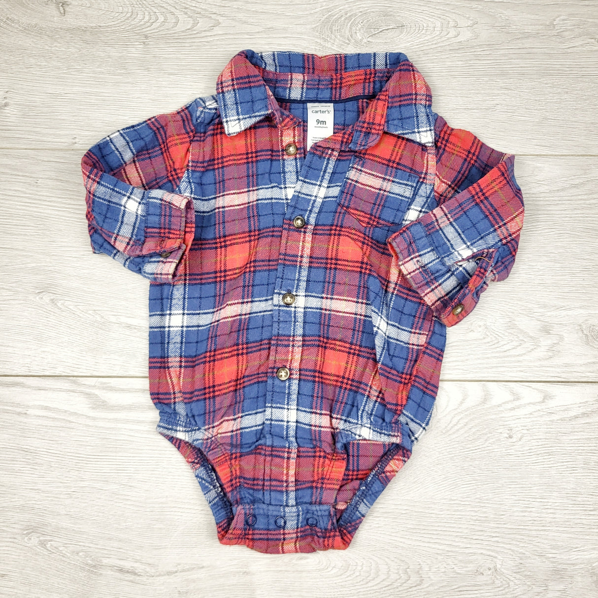 TBOW2 - Carters red and blue plaid button down flannel bodysuit. Size 9 months