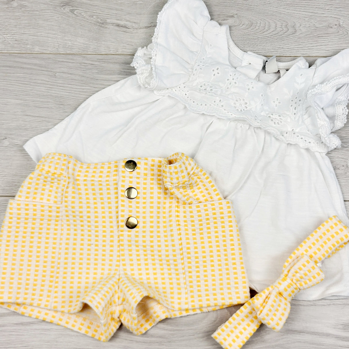 CAAC1 - Joie yellow checked woven shirts with matching top + headband. Size 18 months