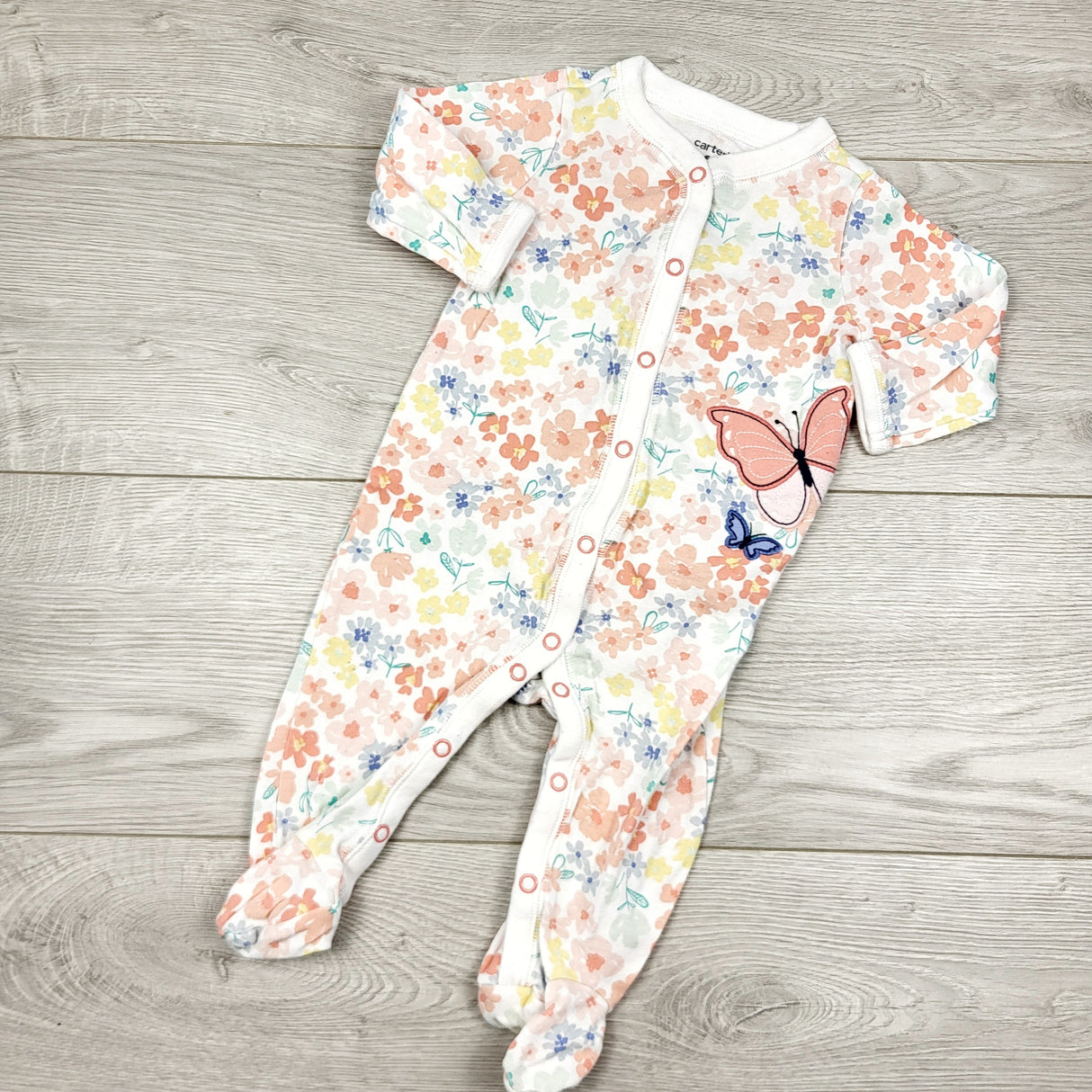 CAAC1 - Carters white floral print cotton sleeper with butterfly. Size 6 months