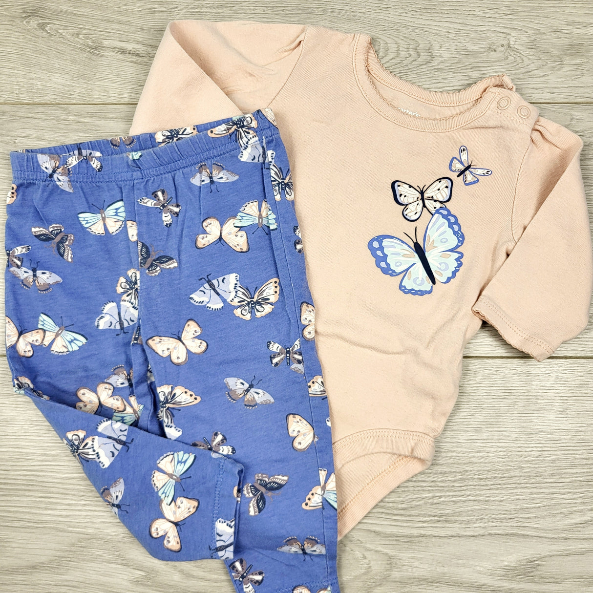 CAAC1 - Carters pink and blue 2pc bodysuit with butterflies. Size 9 months