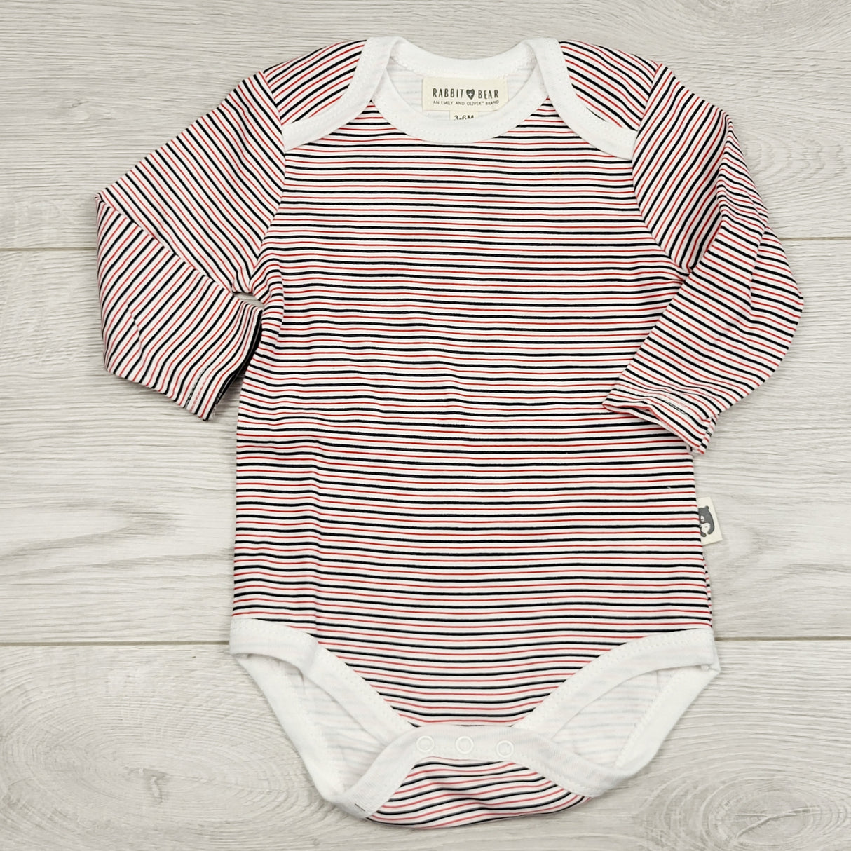 DMKY3 - Rabbbit + Bear red and navy striped bodysuit. Size 3-6 months