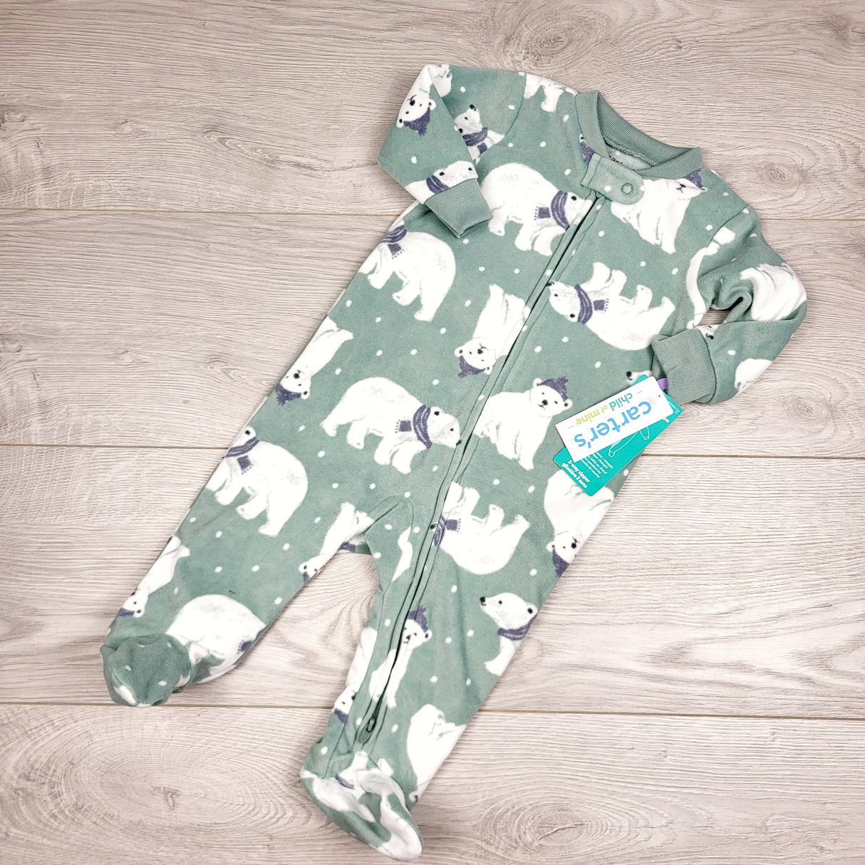 JGIB1 - NEW - Child of Mine sage green zippered fleece polar bear sleeper. Size 3-6 months