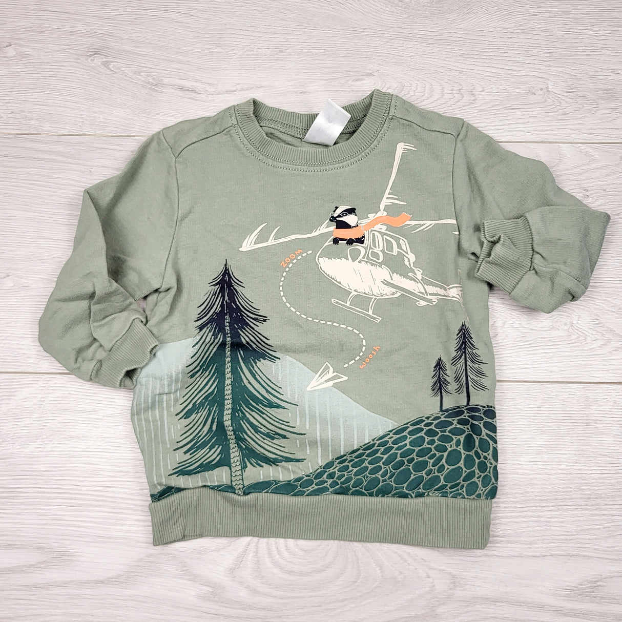 AMST11 - Carters green sweatshirt with helicopter. Size 18 months