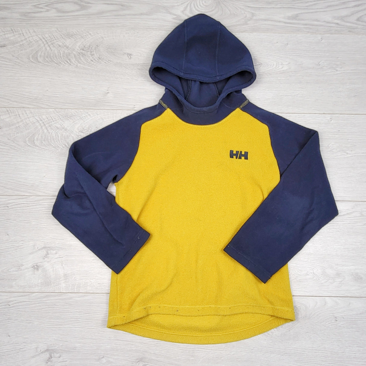 SRIS2 - Helly Hansen yellow and navy fleece hooded shirt. Size 7