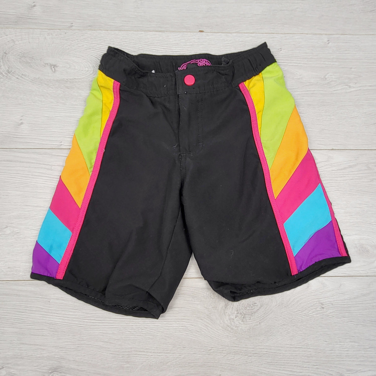 SDAN11 - Liv a Little black rainbow stripe board shorts. Size 5T