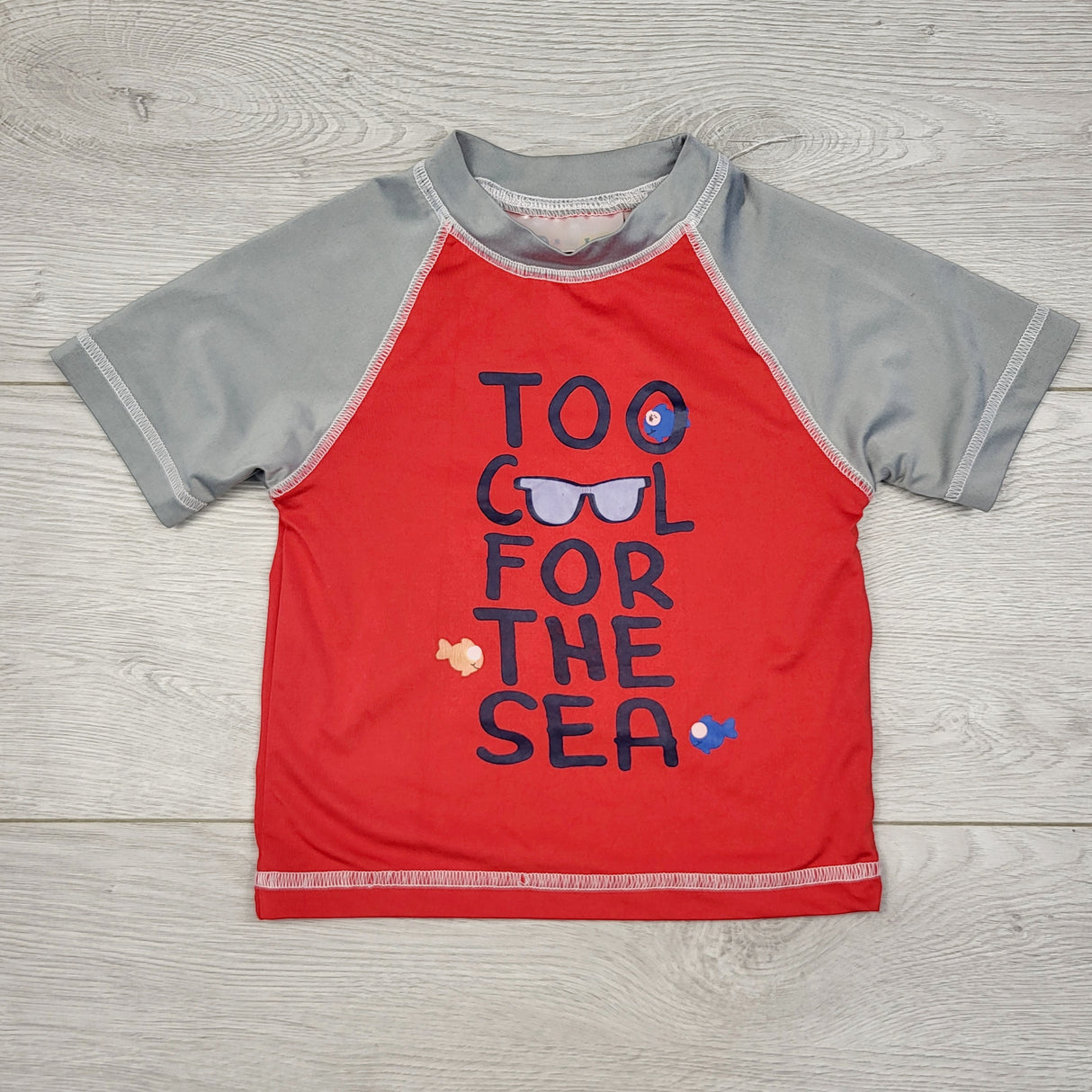 CHLL2 - Grey and red "Too Cool for the Sea" rash guard. Size 18 months