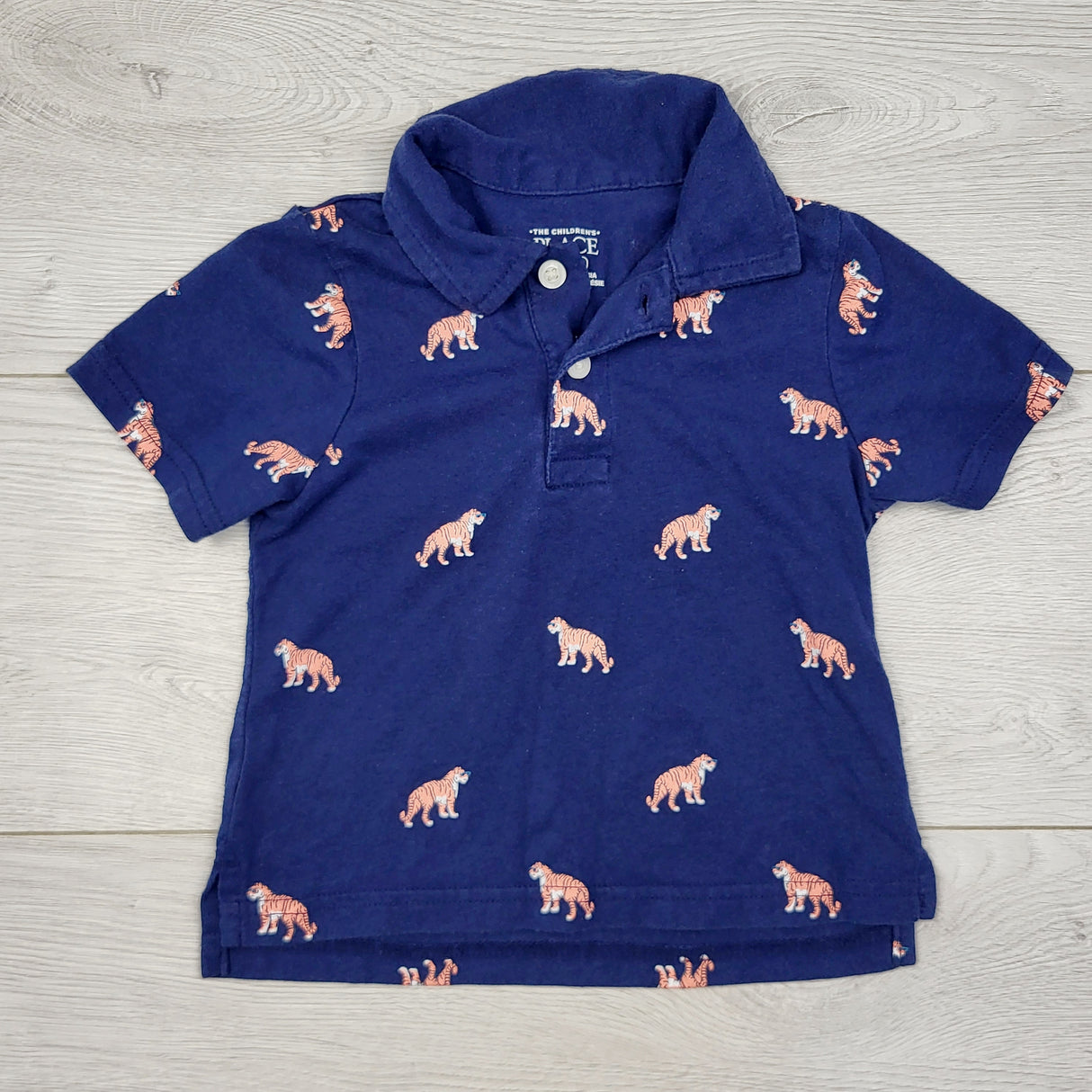 CHLL2 - Children's Place navy collared t-shirt with tigers. Size 12-18 months