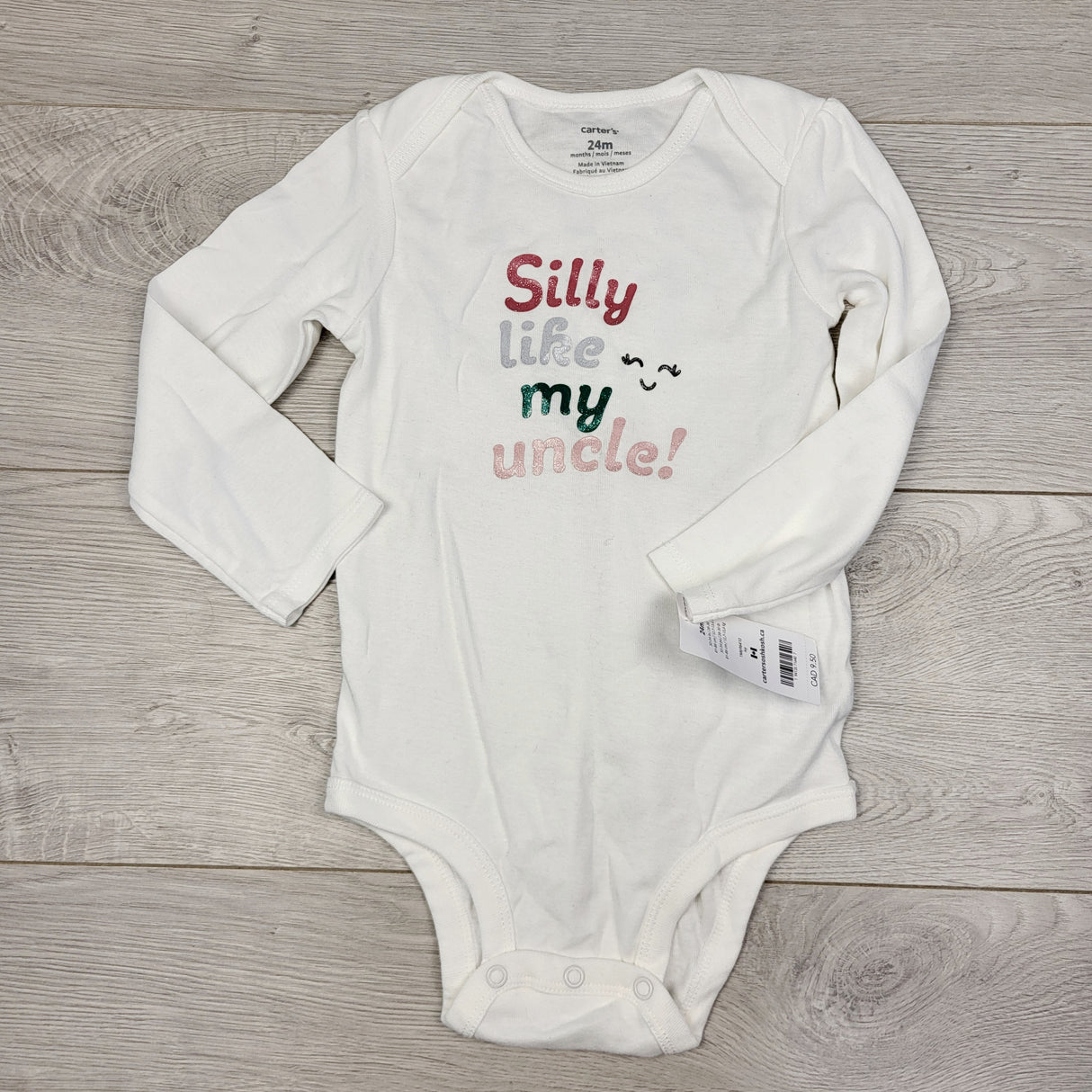 CHLL2 - NEW - Carters white "Silly Like My Uncle" bodysuit. Size 24 months