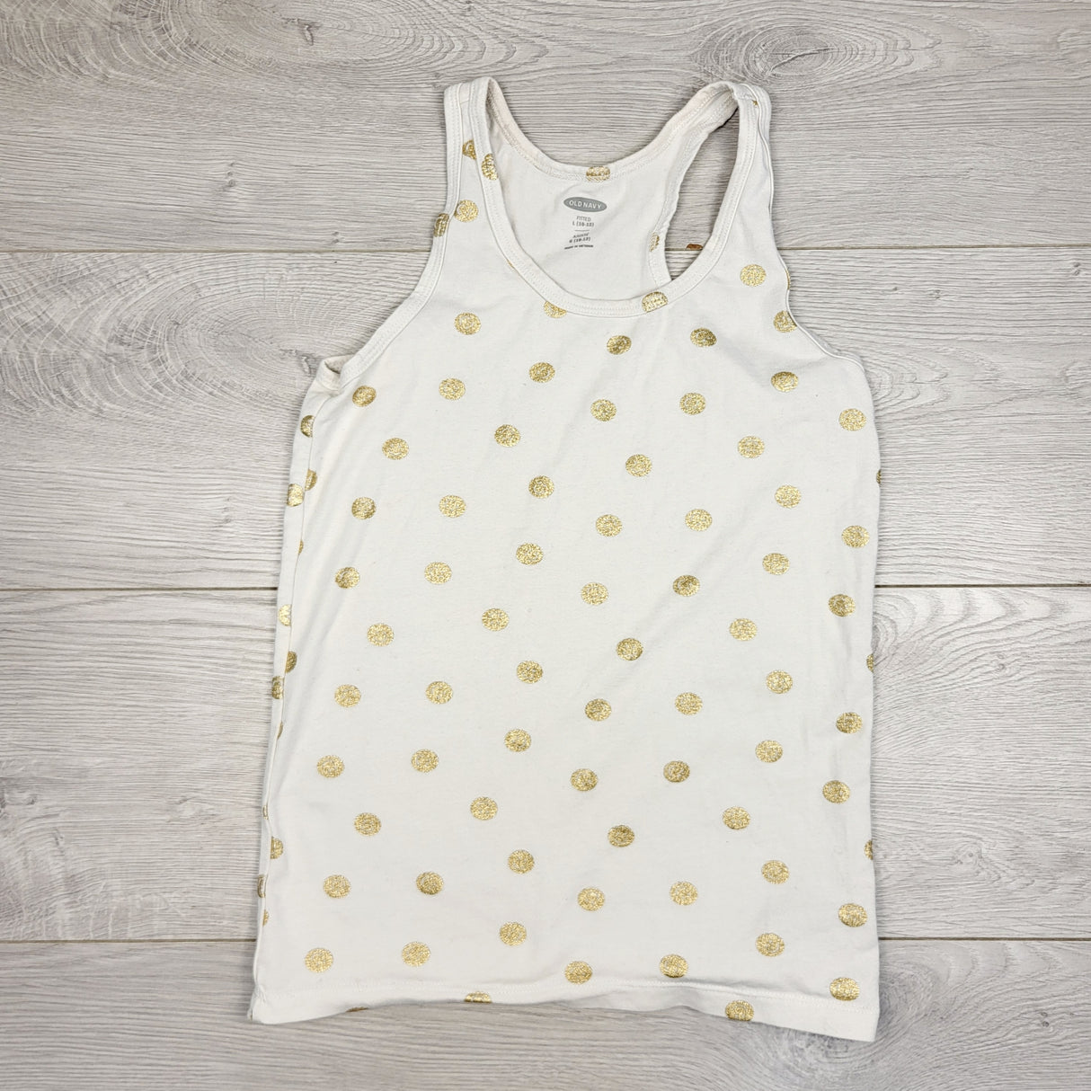 ESZ1 - Old Navy white and gold polka dot fitted cotton tank top. Size 10/12
