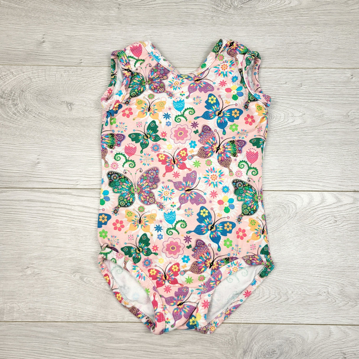 MTAY1 - Pink handmade scoop back leotard with butterflies. Approx 24 months