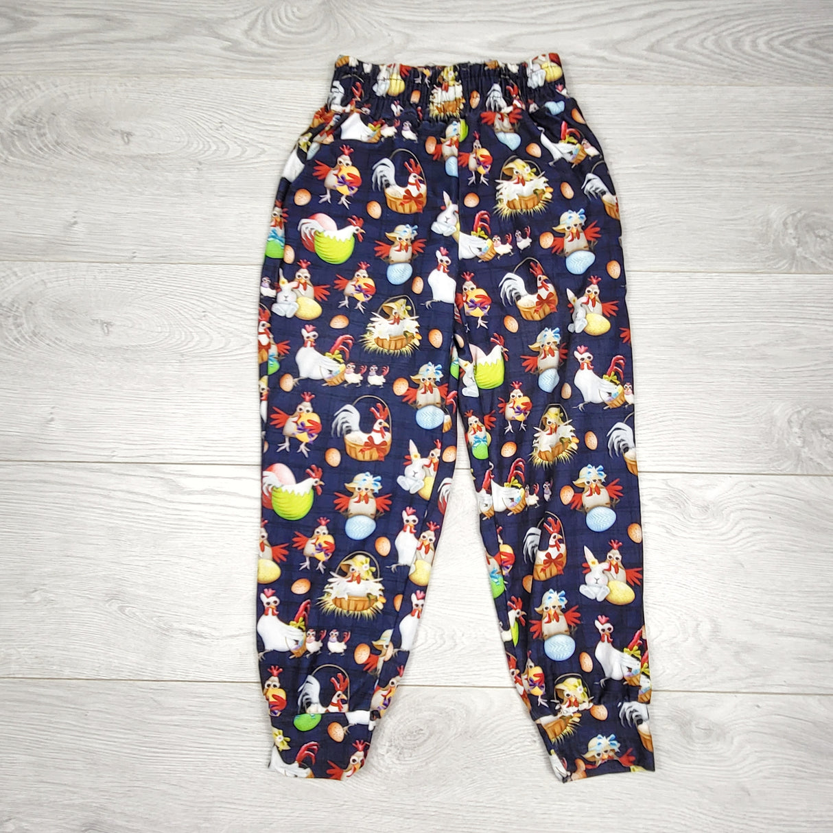 SPLT1 - Amelia Rose navy pants with chickens. Approx size 6/7