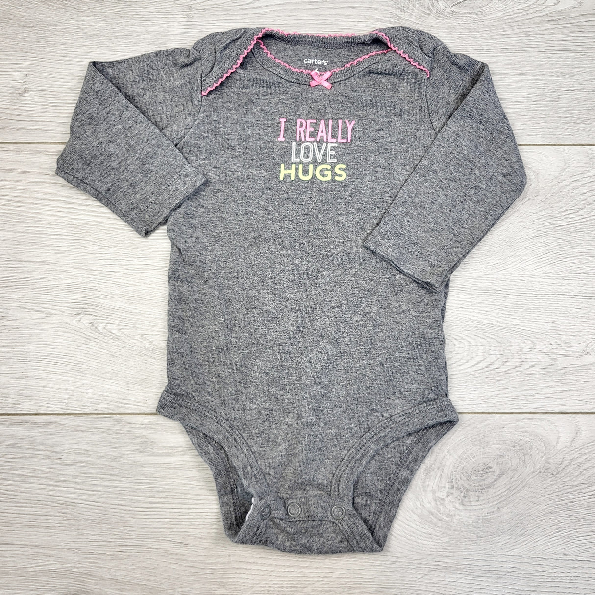 AWAR1 - Carters grey "I Really Love Hugs" bodysuit. Size 6 months