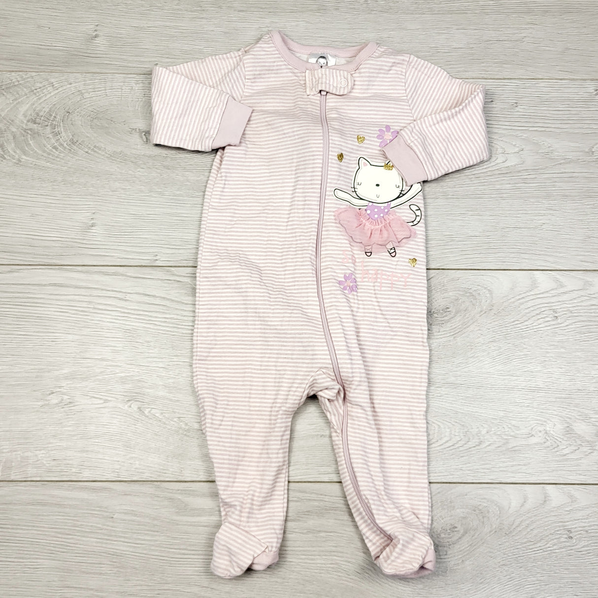 AWAR1 - Gerber pink striped sleeper with ballerina cat. Size 0-3 months