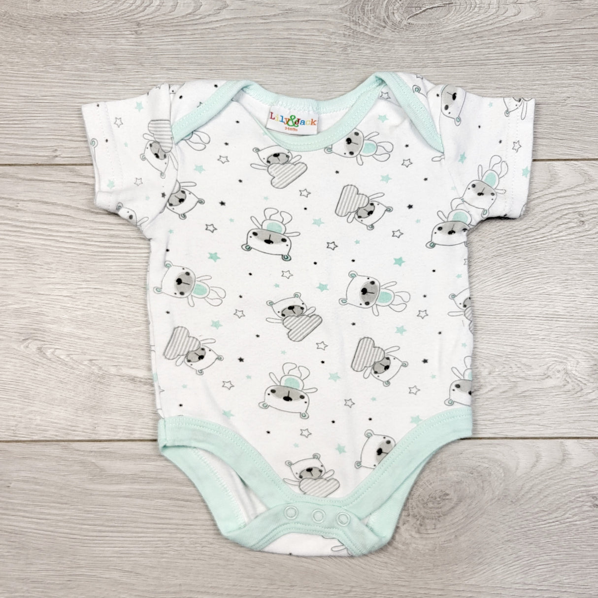AWAR1 - Lila and Jack white and mint bodysuit with bears. Size 3-6 months