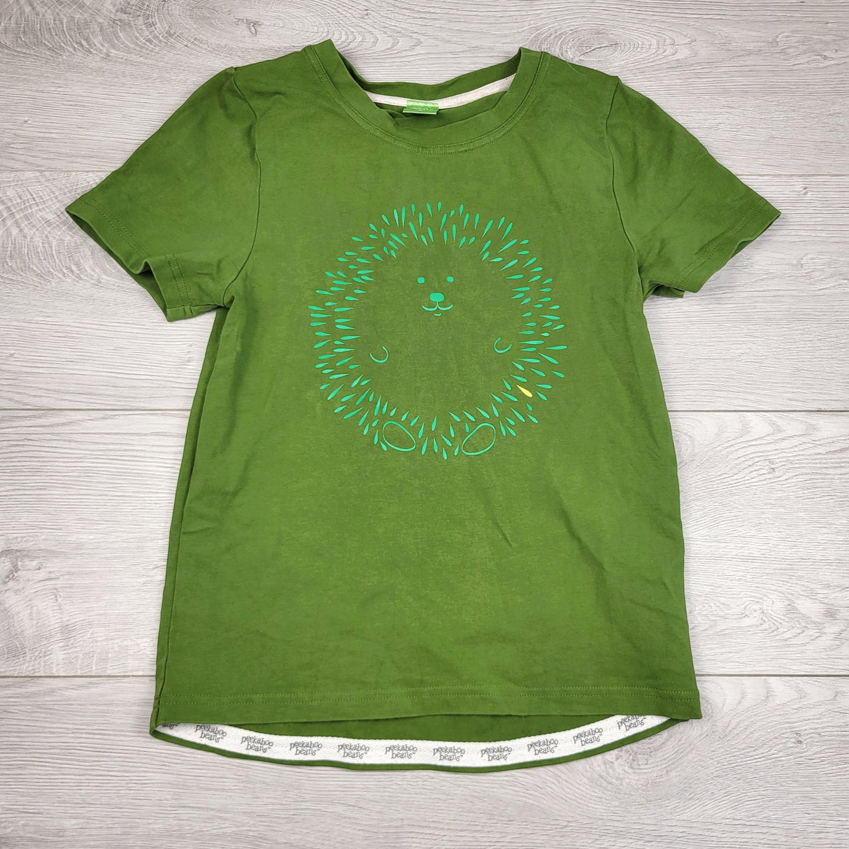 MHL2 - Peekaboo Beans green hedgehog t-shirt. Size 8 🍁