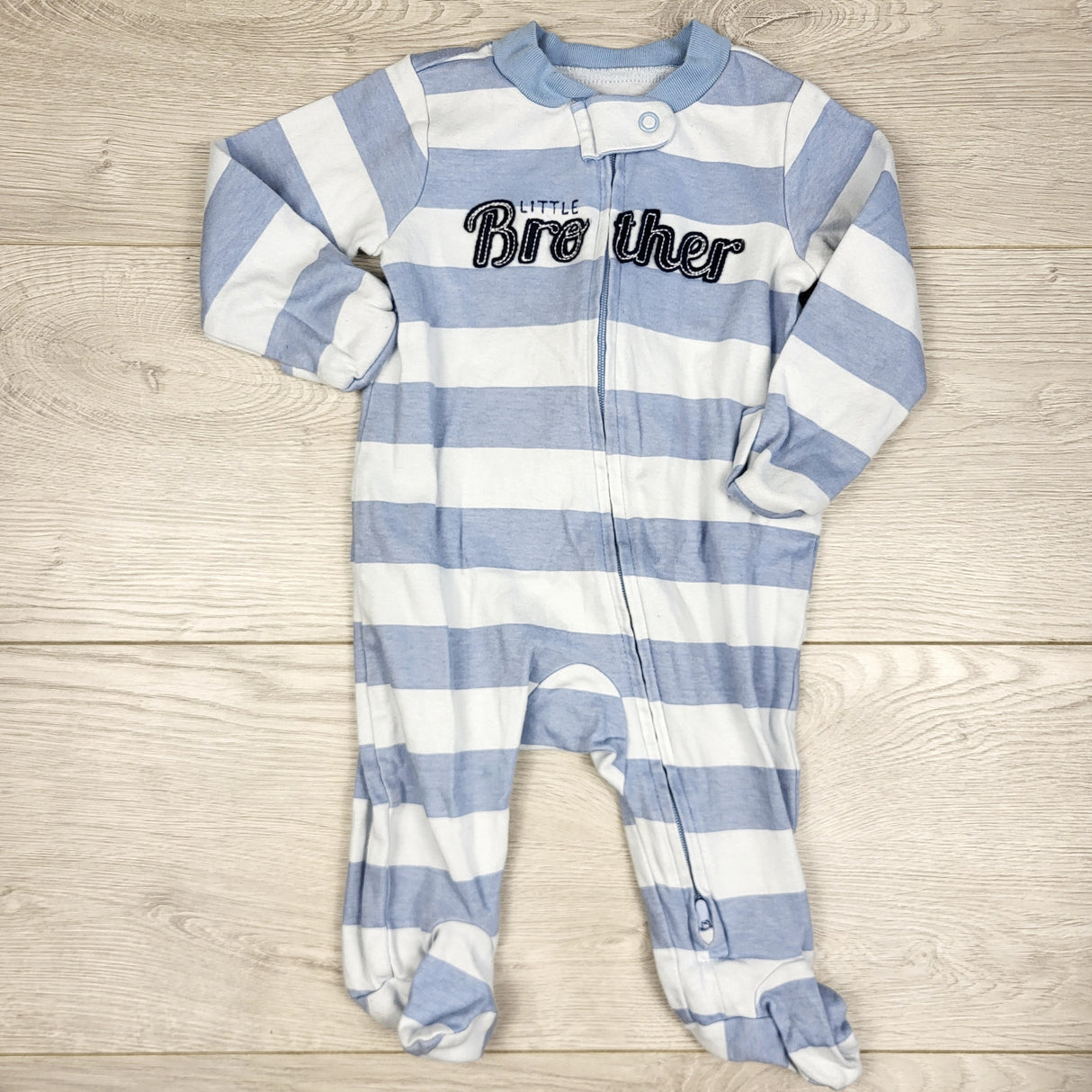 STFT1 - Carters blue striped "Little Brother" zippered cotton sleeper. Size 3 months