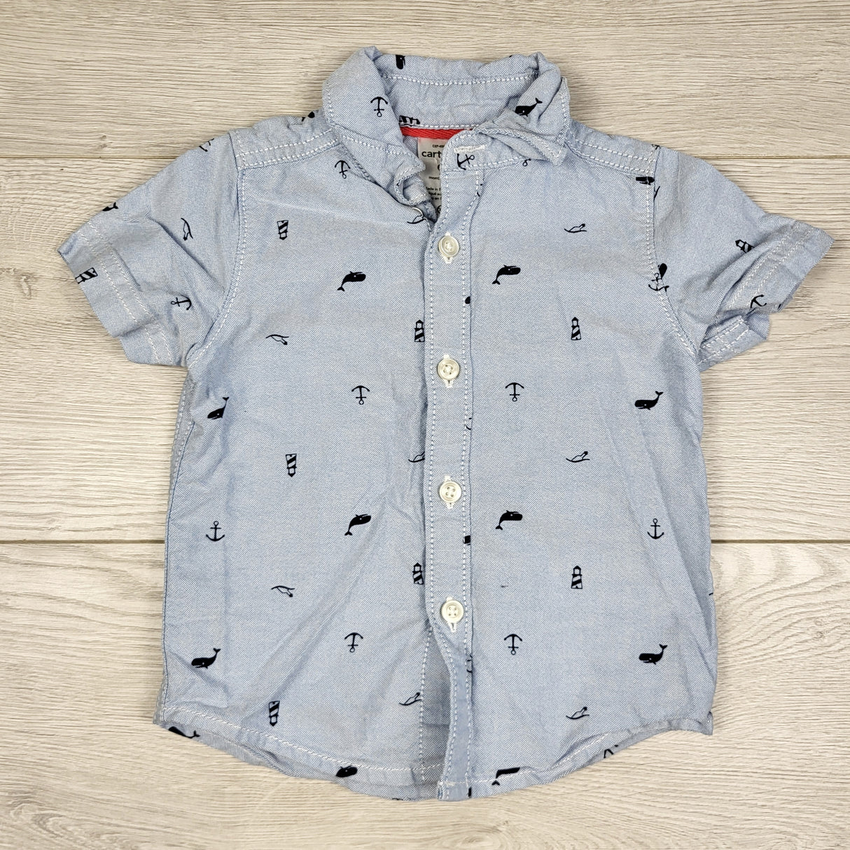 STFT1 - Carters blue button down Oxford shirt with ocean theme. Size 9 months