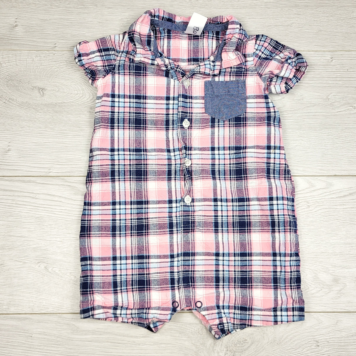 CSAL1 - Carters pink plaid button down romper. Size 18 months