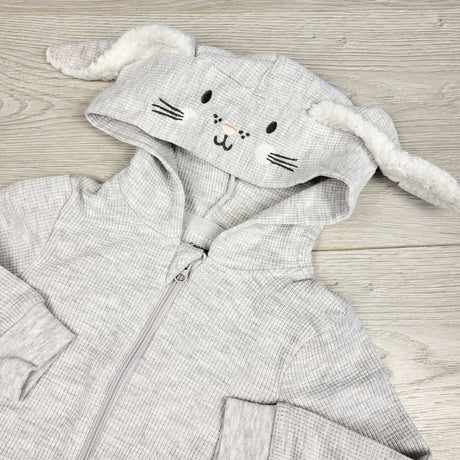 JEPR1 - George grey hooded waffle knit bunny romper. Size 6-9 months