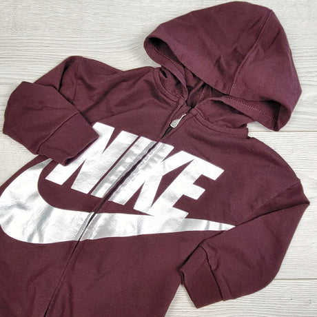 DMKY3 - Nike burgundy and silver hooded romper. Size 18 months
