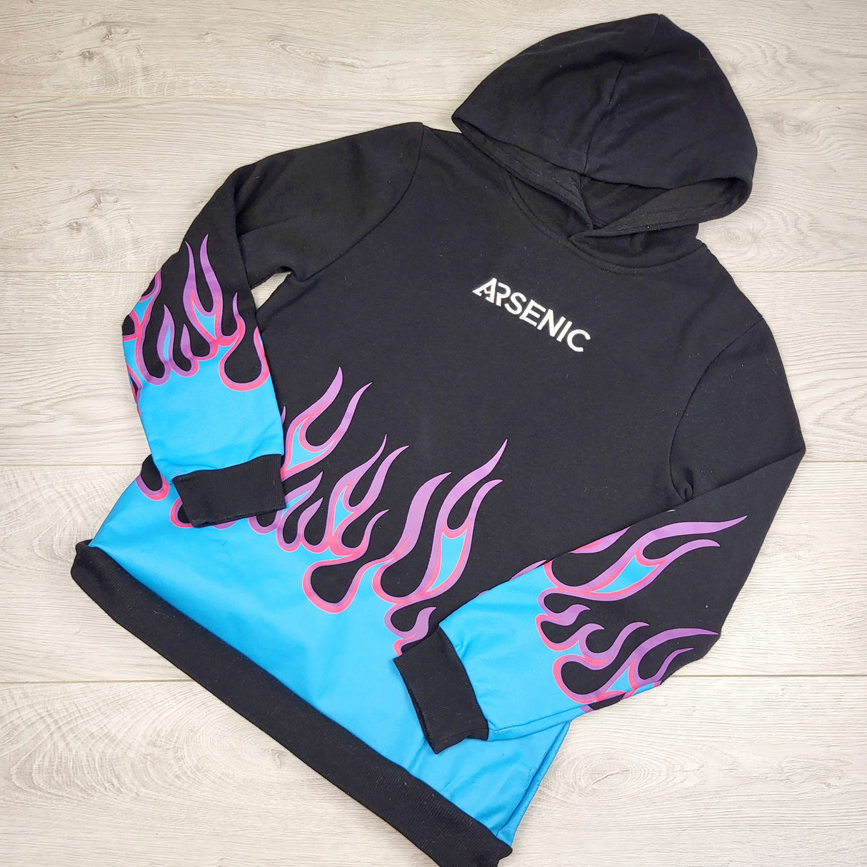 PS03 - Arsenic black pullover fleecy lined hoodie with flames. Size 14