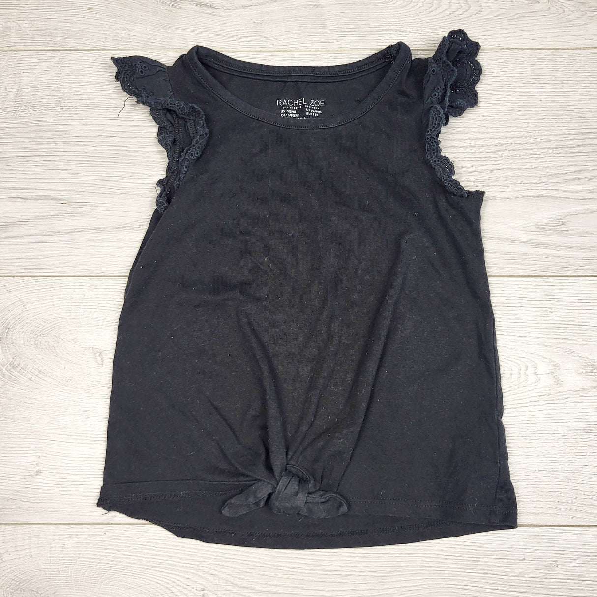 MHAN1 - Rachel Zoe black knotted t-shirt with ruffle sleeves. Size 5/6