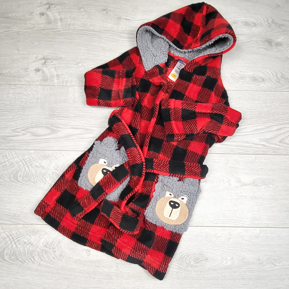 MHAN1 - Pekkle buffalo plaid hooded robe. Size 4/5T