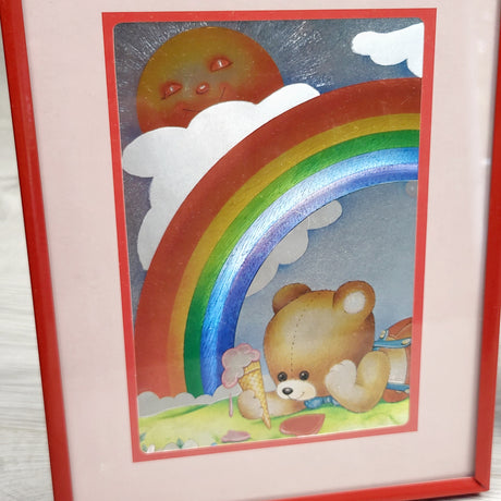MHAN11 - Vintage 1980s framed Dufex foil print pictures with teddy bear. LOCAL pick up or delivery only