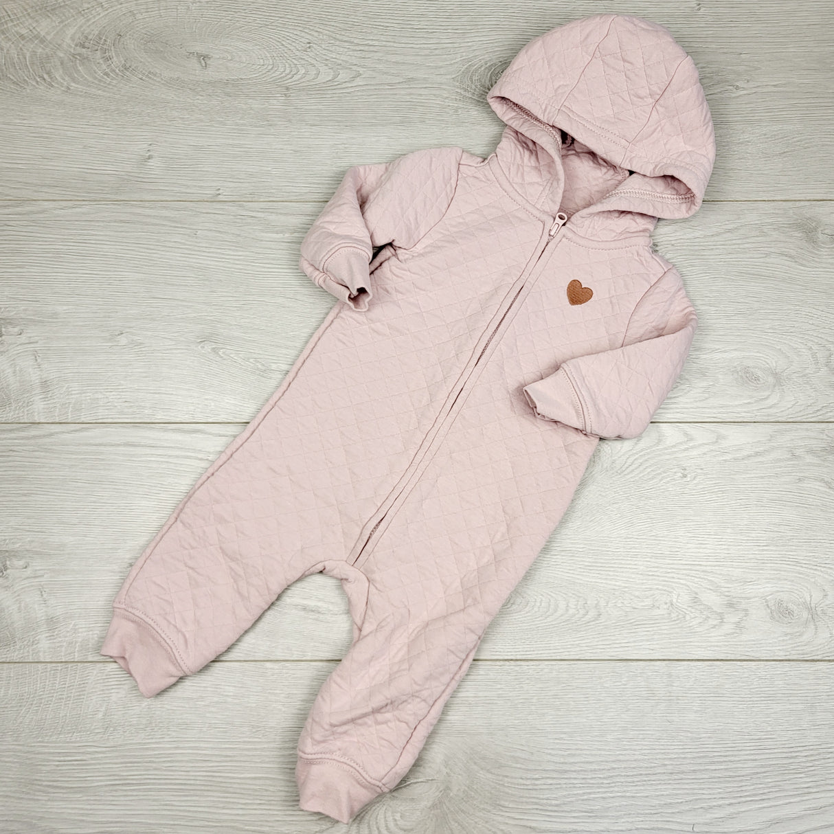 JRSH1 - Child of Mine pink quilted cotton hooded romper. 3-6 months