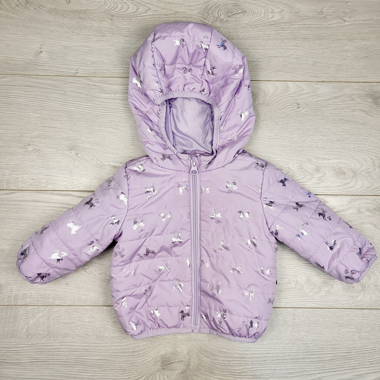 JRSH1 - Joe purple quilted hooded jacket with unicorns. Size 3-6 months