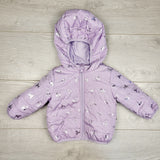 JRSH1 - Joe purple quilted hooded jacket with unicorns. Size 3-6 months