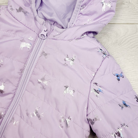 JRSH1 - Joe purple quilted hooded jacket with unicorns. Size 3-6 months