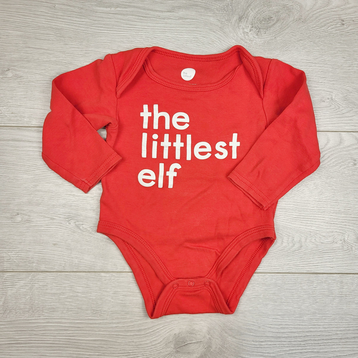 JRSH1 - The Littlest red "The Littlest Elf" bodysuit. Size 6-12 months