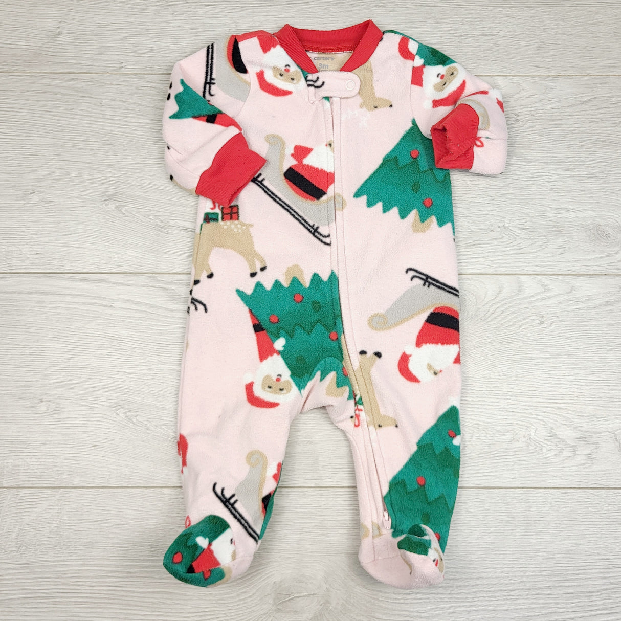 JRSH1 - Carters pink zippered fleece sleeper with sledding Santa. Size 3 months