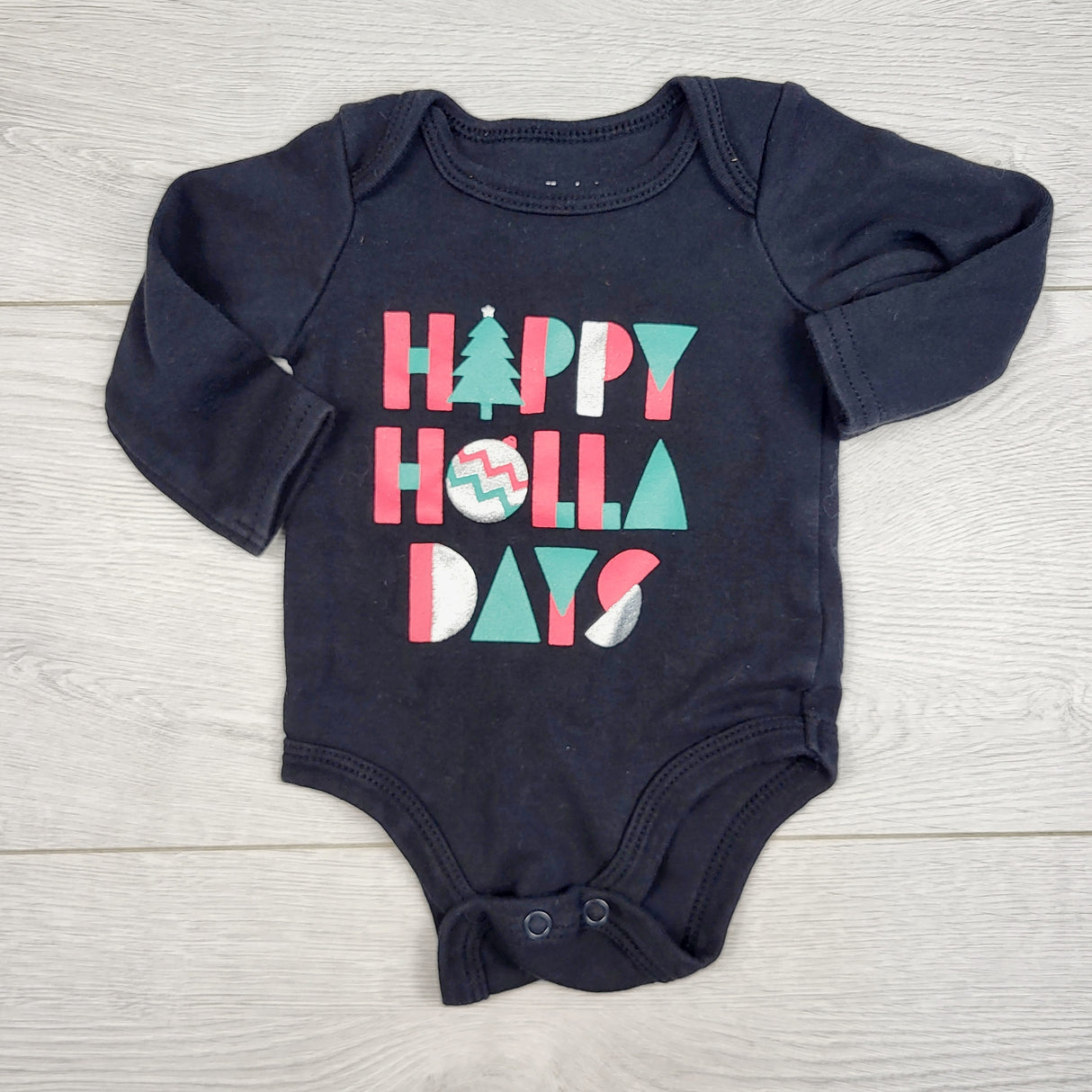 JRSH1 - Indigo black "Happy Holla Days" bodysuit. Size 0-3 months