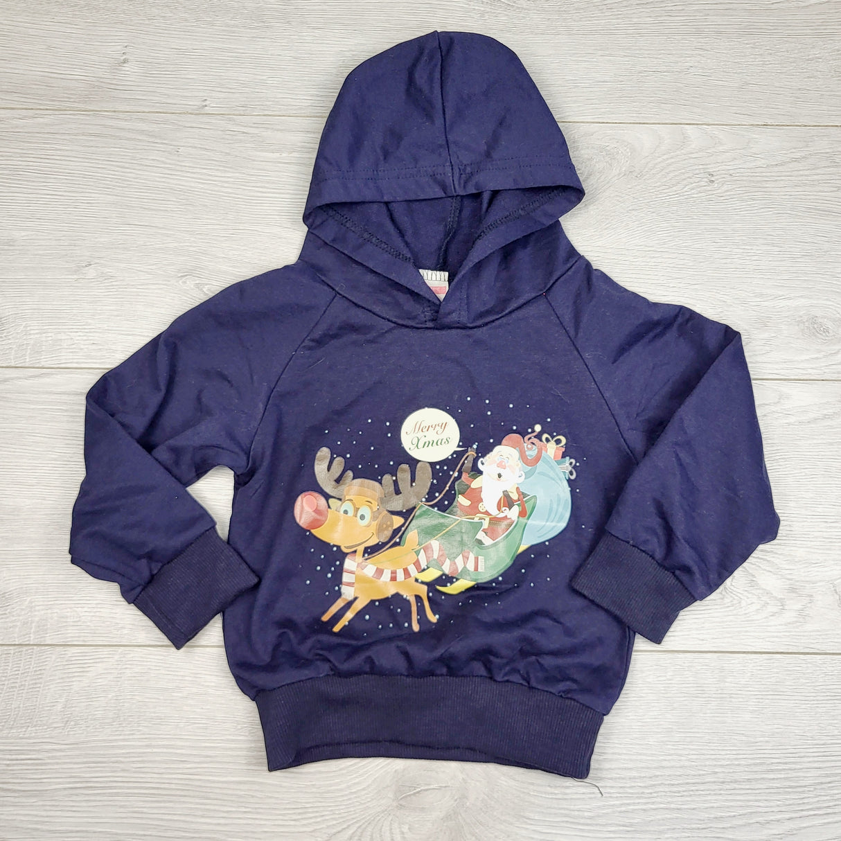 JRSH1 - Navy pullover hoodeed shirt with Santa. Size 90 (24 months-ish)