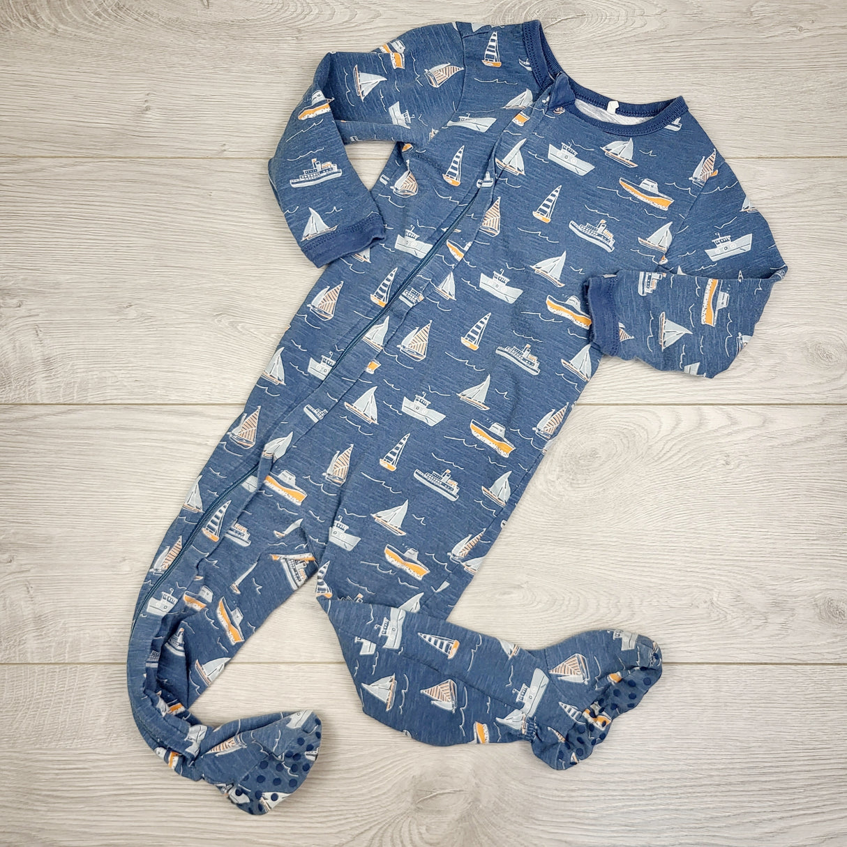 ROWB1 - Coccoli blue zippered sleeper with boats. Size 18 months