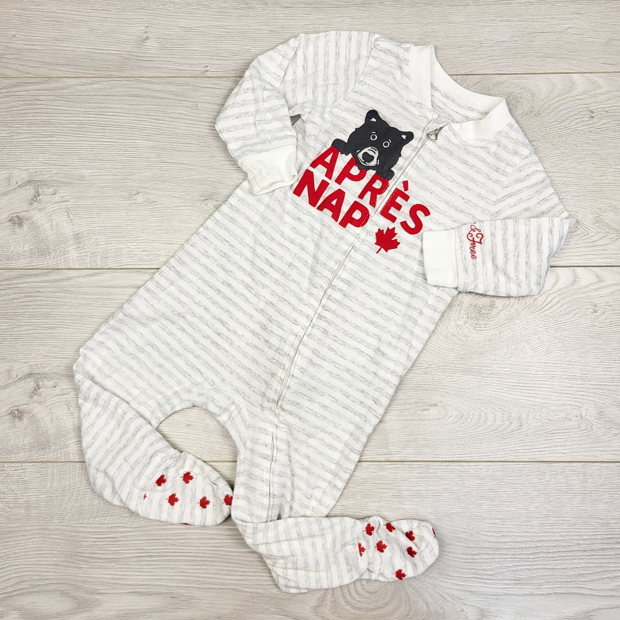 ROWB11 - Hudson's Baby grey and white striped zippered cotton "Apres Nap" sleeper. Size 6-12 months