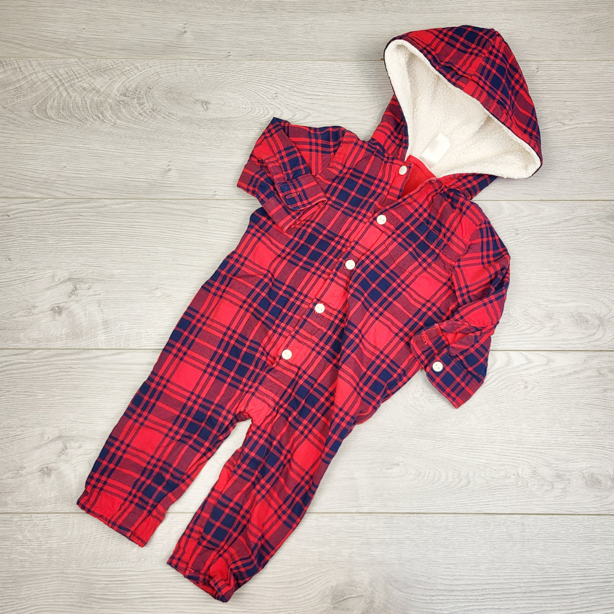 ROWB11 - Baby B'gosh red and navy plaid jersey lined hooded romper. Size 12 months